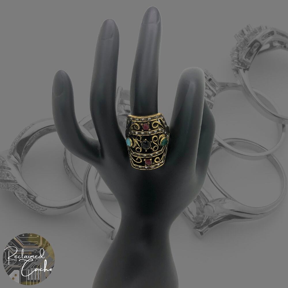 Gold and Multicolor Rhinestone Statement Ring - Size 9